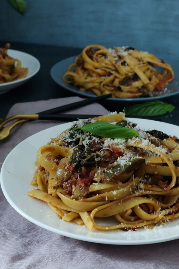 Cheesy Eggplant & Kangkong Pasta (Vegan) - The Earth Kitchen